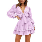 Valentine's Day Dress Autumn Long Sleeve Ruffled Solid Color Dress for Women