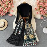 Betty Draper Valentine's Day Dress Autumn and Winter French Retro Printed Stitching Knitted Sweater Dress