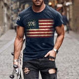 Man T Shirt Cotton Loose Blue Pullover Short Sleeve Print