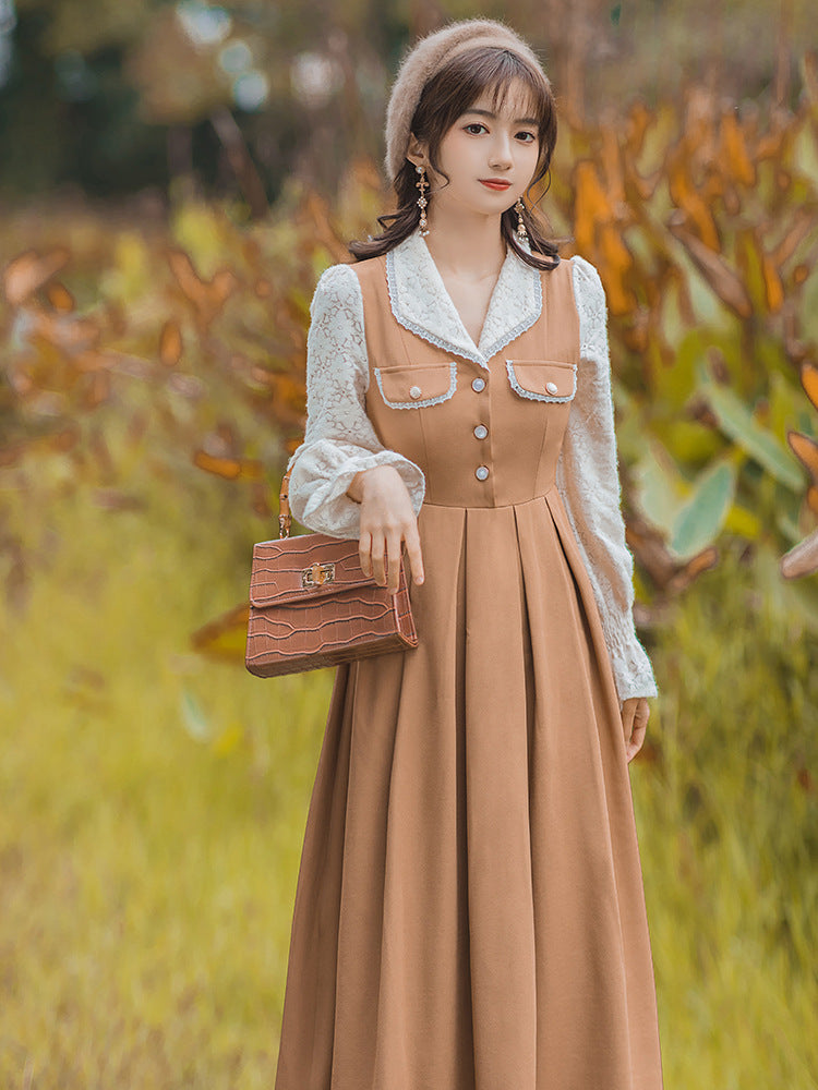 Betty Draper Valentine's Day Dress Spring and Autumn Elegant Lace Stitching Dress