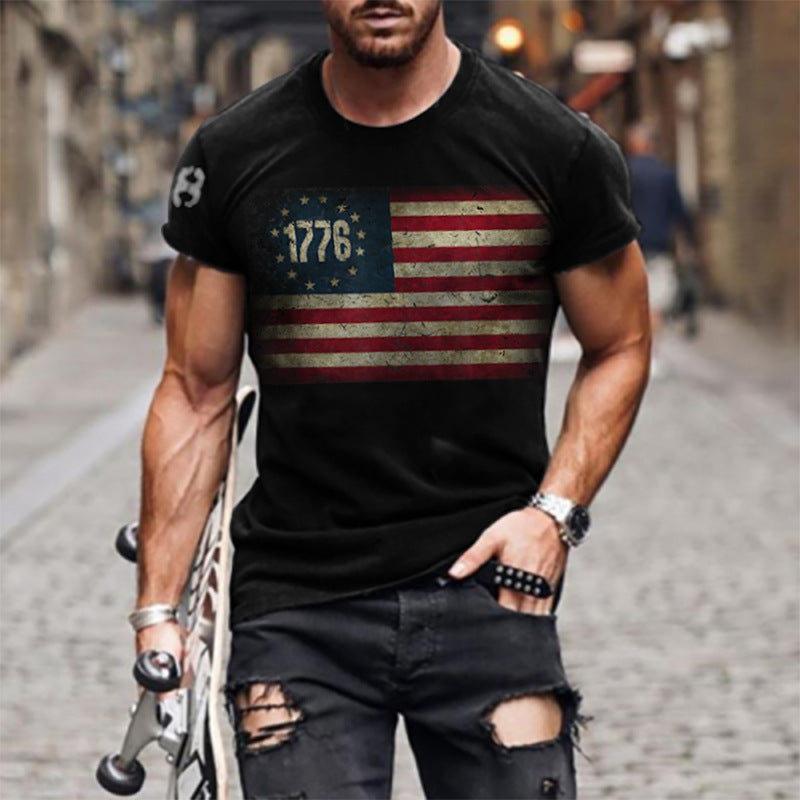 Man T Shirt Cotton Loose Blue Pullover Short Sleeve Print