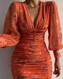 Valentine's Day Outfits Sexy V-neck Chiffon Printed Dress
