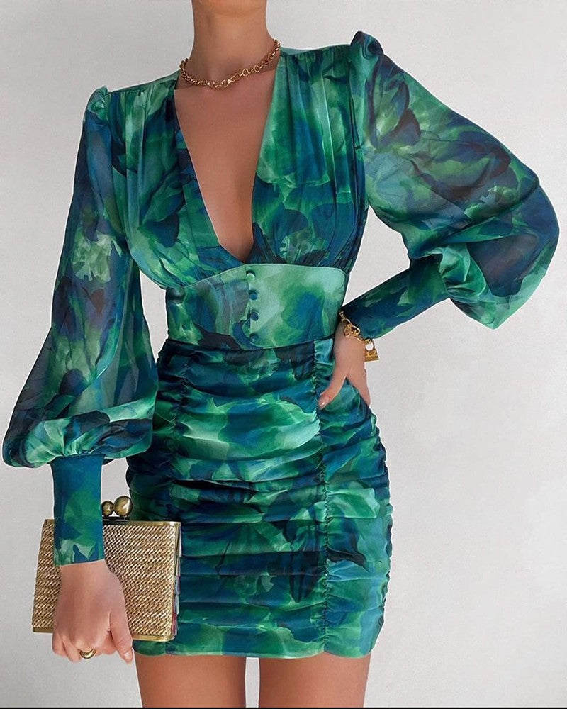 Valentine's Day Outfits Sexy V-neck Chiffon Printed Dress