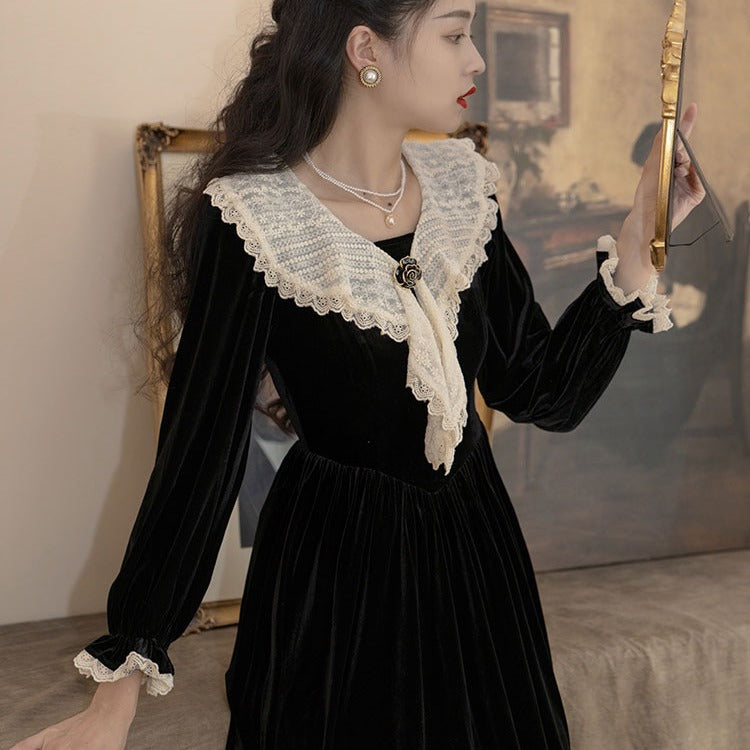 Betty Draper Valentine's Day Dress Retro Square Collar Black Velvet Dress