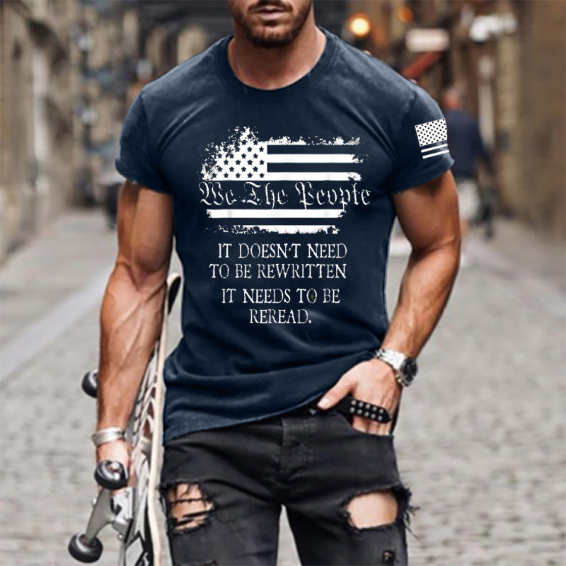 Man T Shirt Cotton Short Sleeve Heat Transfer Patch Printed American Flag Pattern round Neck T-shirt