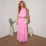 Women's spring european and american style sexy hollow-out pleated halter top and fashionable elegant midi skirt set