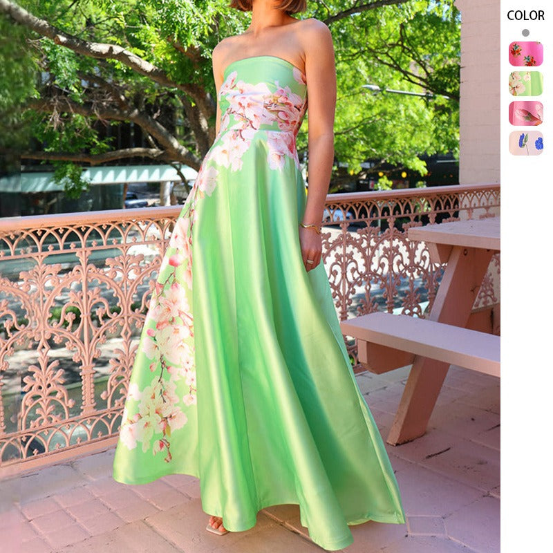 Women's dress: european and american cross-border independent station design, patchwork satin sexy bandeau print high-waisted dress, evening gown