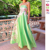 Women's dress: european and american cross-border independent station design, patchwork satin sexy bandeau print high-waisted dress, evening gown