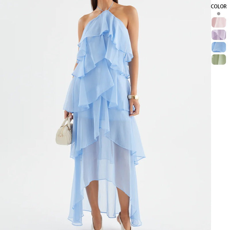 Women's french riviera style beach dress - summer sleeveless halter sundress with ruffle trim