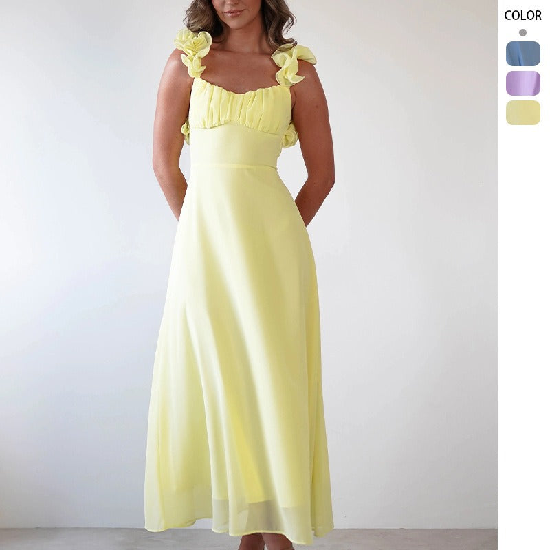 Women's dress - cross-border fashion, european & american style, independent website, elegant & chic, tie-waist a-line solid color midi dress