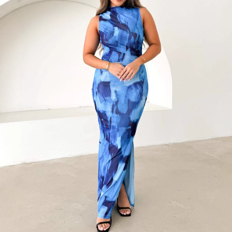 Women's dress: european and american sexy cross-border spring/summer printed sleeveless round neck elegant slim-fit sexy dress for women