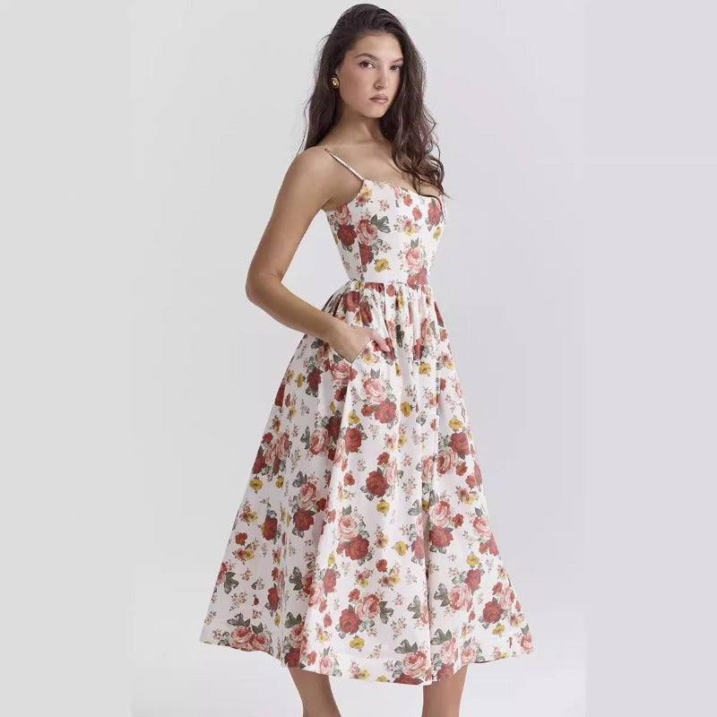 Women's dress - cross-border fashion: sweet & spicy floral midi dress with open back and spaghetti straps - perfect for summer in europe and the us