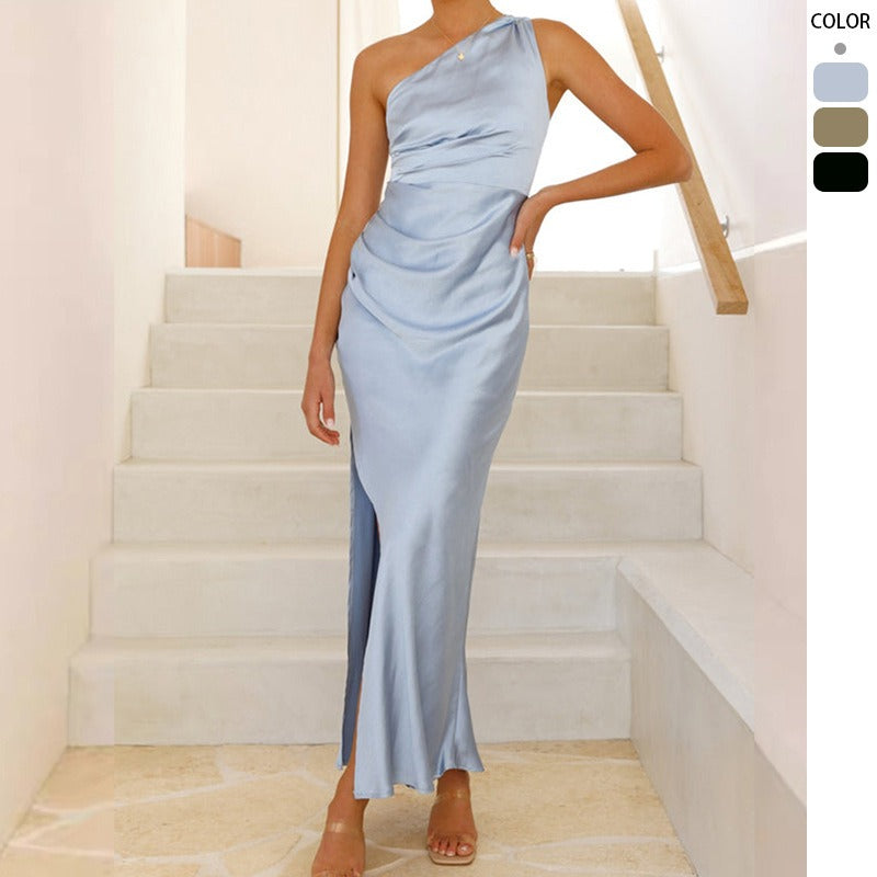 Women's sleeveless solid color sexy bandeau cami slit maxi dress - european & american amazon cross-border fashion