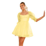 Women's dress - amazon cross-border summer organza solid color vintage bubble sleeve princess dress - large inventory available - women's dress