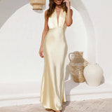Women's dress: european and american cross-border spring/summer sexy cinched waist halter backless solid color sleeveless evening gown dress for women