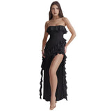 Women's dress - cross-border fashion: european & american summer sexy ruffle bandeau slit sleeveless off-shoulder evening gown dress