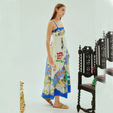 Women's dress - european & american style, cross-border aliexpress, independent website, sexy spaghetti strap, graffiti cotton linen print, maxi swing dress for women