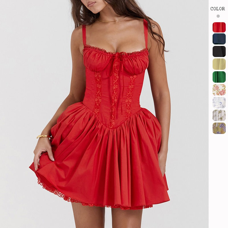 Women's dress - cross-border amazon spring/summer european and american sexy women's lace patchwork cinched waist slip dress