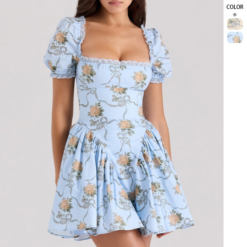 Women's summer fashion elegant square neck slim-fit printed mesh lace bubble sleeve waist-cinching dress