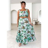 Women's dress: foreign trade vintage sleeveless cropped bandeau cami top with printed high-waisted midi skirt two-piece set