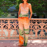 Women's pants - european & american style export - printed casual v-neck tie-up tank top & high-waisted printed wide-leg pants set for women