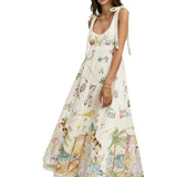 Women's vintage floral print tie-up cami maxi dress - summer bohemian style