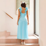 Women's dress - european & american style summer dress, elegant asymmetrical v-neck maxi dress, sexy slit, ruched backless dress