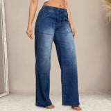 Women's denim pants - cross-border autumn fashion: european & american style, drawstring elastic waist, straight leg, wide leg jeans