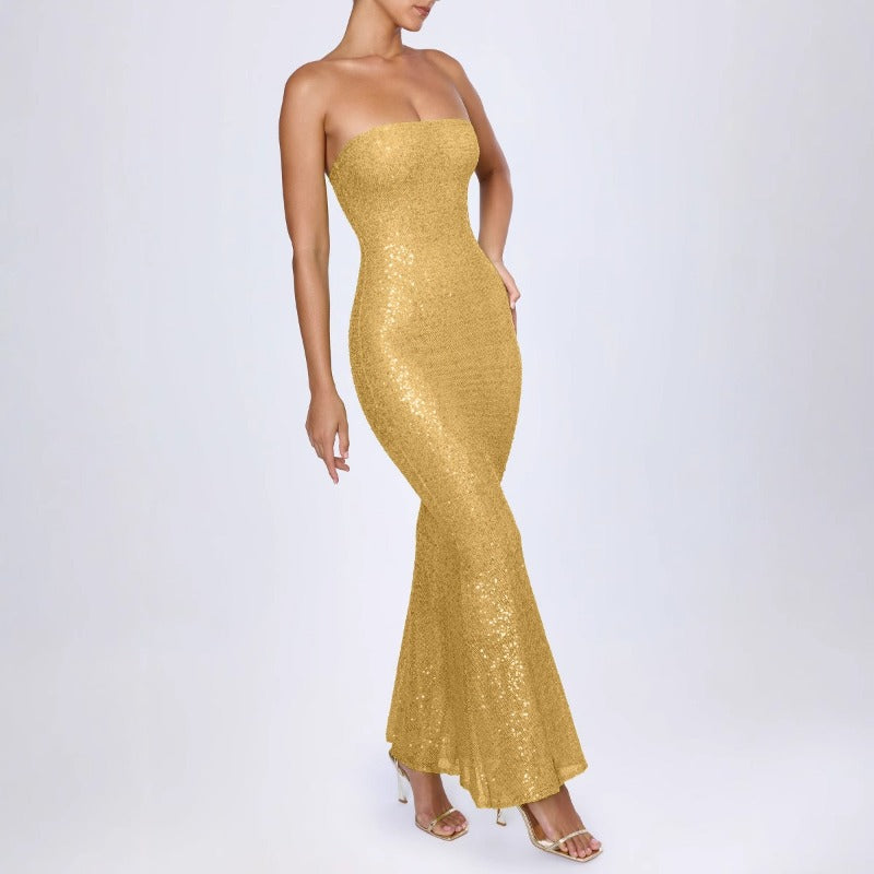 Women's dress - european & american style summer amazon bandeau sequin sexy slim-fit evening gown dress - backless maxi dress for women