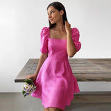 Women's dress - amazon independent store - elegant square neck short sleeve high waist slimming european and american style dress