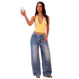 Women's vintage washed heart-pocket wide-leg jeans - trendy, loose-fit, hot girl style denim pants for women (cross-border e-commerce)