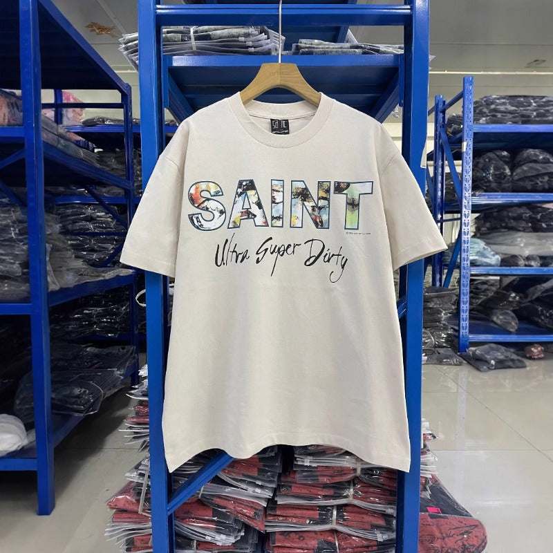 saint m t shirts  s.m landscape letter graphic crew neck pullover short sleeve top - wholesale