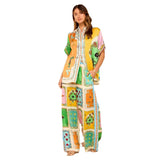 Women's pants: cross-border european and american fashion printed elastic waist pocket wide-leg casual set for women's summer