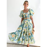 Women's summer dress: european and american style, puff sleeve, slimming maxi dress, hot girl high-waisted off-the-shoulder printed dress
