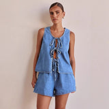 Women's pants: cross-border european and american style summer fashion casual sleeveless tie-waist high-waisted women's vest denim set shorts