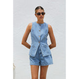 Women's pants: spring/summer amazon independent store fashion sleeveless cinched waist high-waisted loose denim shorts set (us/eu style)