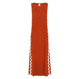 Women's sleeveless midi dress - spring/summer casual fashion: round neck, solid color, lace trim, and slit detail