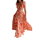 Women's dress - amazon us & europe style - instagrammable vacation maxi dress - cutout, slim fit, deep v neck, ruffle trim, floral print, open back dress
