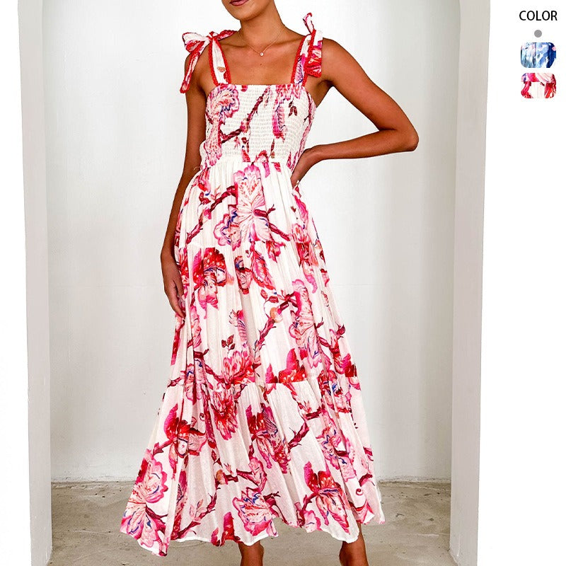 Women's dress spring and summer women's clothing cross-border suspenders elastic waist shoulder straps large swing long printingdress skirt women