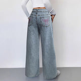 Women's spring/summer cross-border denim pants: pink bow embroidered, high-waisted, wide-leg, american style, with back pockets