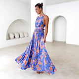 Women's dress - cross-border fashion: printed halter neck beach bohemian high-waisted backless floral dress