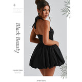 Women's dress: european and american summer hot girl style sexy cinched waist slimming puffy skirt halter neck tie-up bow dress
