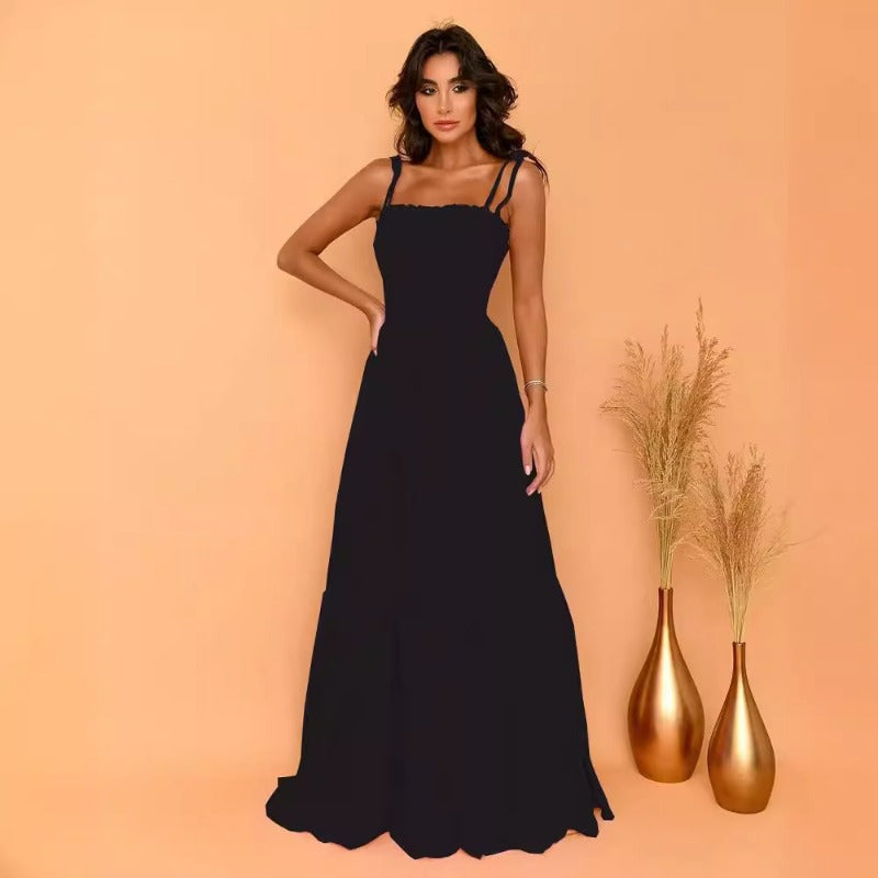 Women's dress: european and american style, solid color, high-waisted, slimming, elegant, vintage-inspired, spaghetti strap, maxi length, dress, light luxury