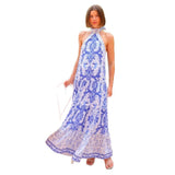 Women's dress - amazon foreign trade - european and american style - elegant print - halter neck - sleeveless - open back - tie-up - ruffle trim - maxi dress