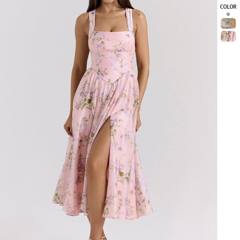 Women's dress amazon wholesale summer french sweet & spicy designer print halter neck slim fit slit dress