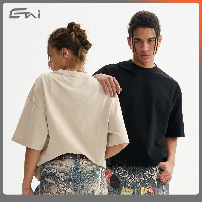 Etai men's clothing trendy brand high-quality pure cotton boxy short-sleeve t-shirt for men, heavyweight vintage distressed men's t-shirt