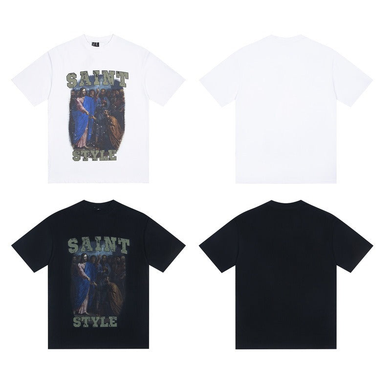 saint m t shirts  s.m oil painting character graphic crew neck short sleeve top