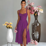 Women's dress - european & american amazon spring/summer fashion casual tie-waist slim-fit slit cami high-end dress