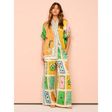 Women's pants: cross-border european and american fashion printed elastic waist pocket wide-leg casual set for women's summer