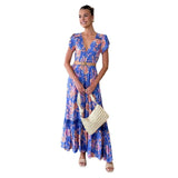 Women's dress - export quality summer maxi dress - high-end, slim-fit, v-neck, single-breasted, ruffle hem dress for women